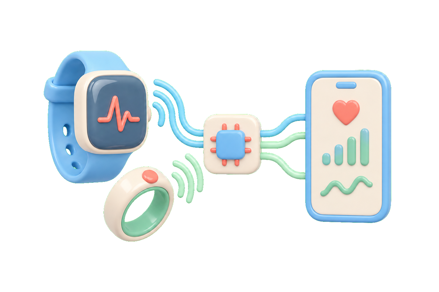 Flat technical illustration comparing wrist band data flow versus smart ring on-device processing blocks for recovery scores