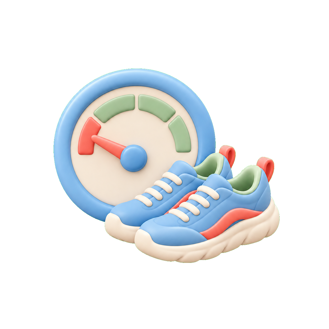 Simple flat illustration of a daily readiness gauge stuck at low score next to running shoes